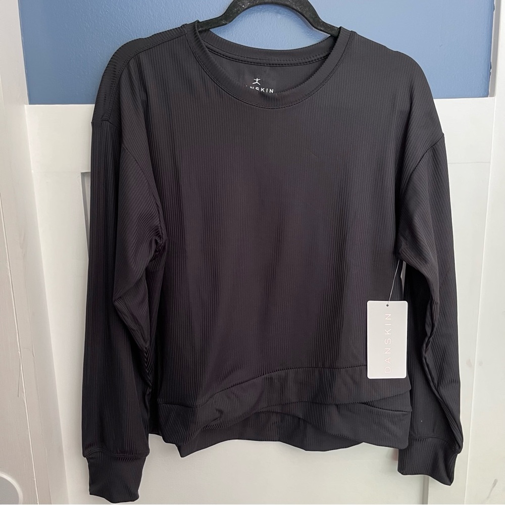 Danskin Women's Crossover Ribbed Pullover Black Salt Longsleeve Top